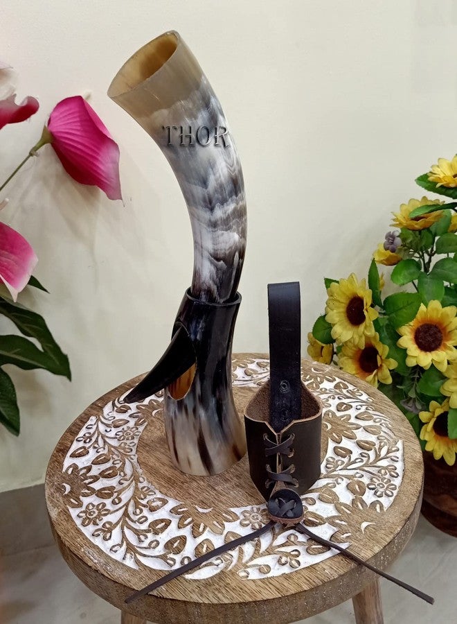 THOR INSTRUMENTS كوب شرب على شكل قرن فايكنغ مع حامل بيرة / حزام من الجلد الطبيعي / تشطيب طبيعي عتيق / هدية أصلية من العصور الوسطى / ديكور منزلي ريفي عتيق - Image 5